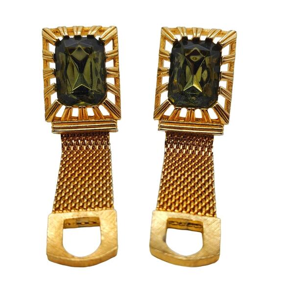 Vintage Swank Cufflinks Gold Tone Mesh Wrap Green Glass Stone Retro 60s Designer - Picture 1 of 7